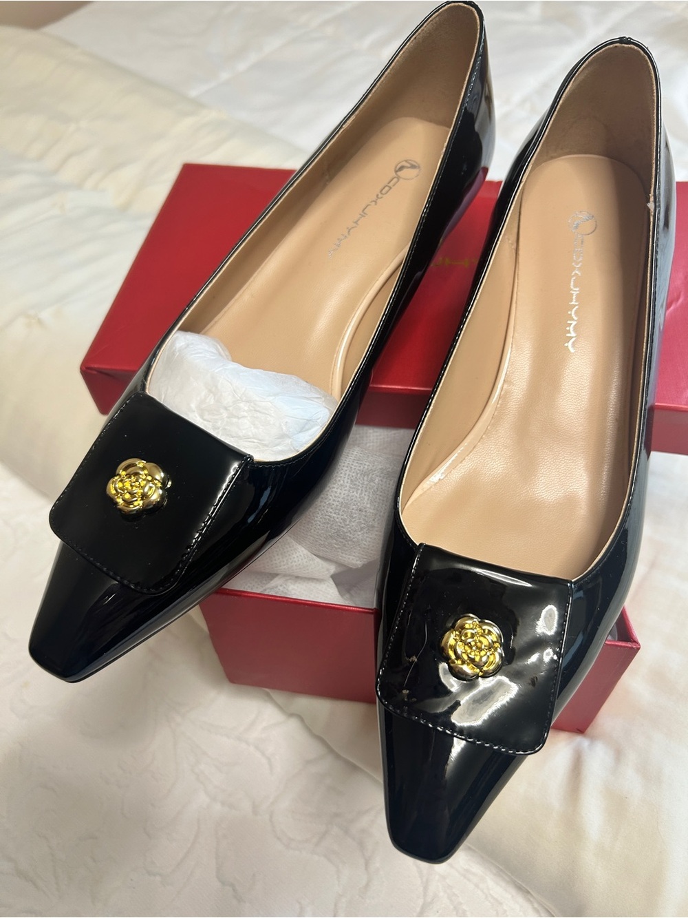 Pointed Toe Black Patent Women’s Flats with Gold Accent